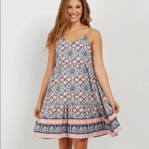 Navy Printed Pleated Border Maternity Babydoll Dress